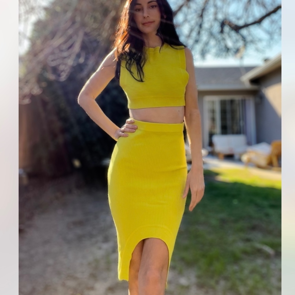 REHAB Co-ord Neon Yellow Knit Top and Skirt Set
